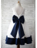 Ivory Lace Navy Blue Trim V Back Big Bow Knee Length Flower Girl Dress   Ivory Lace Navy Blue Trim V Back Big Bow Knee Length Flower Girl Dress